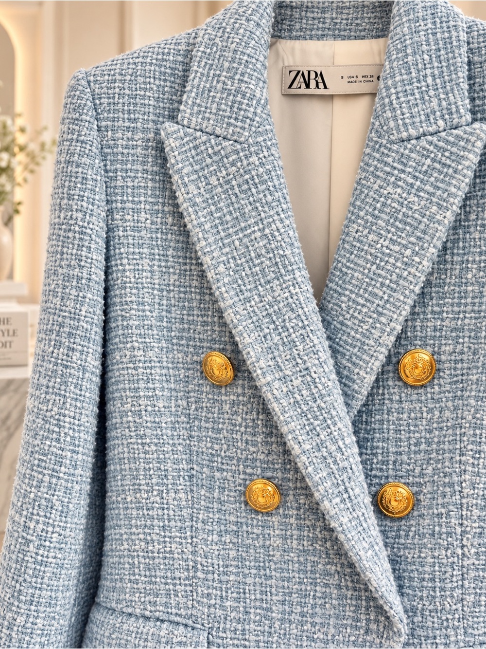 ZARA Baby Blue Tweed Double-Breasted Blazer with Gold Buttons - Picture 3 of 4